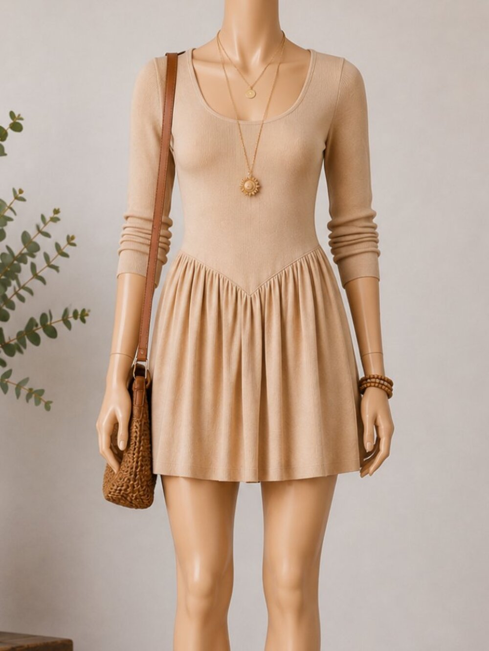NWT Free People Onda Long Sleeve Mini Dress Square Neck Stretch Cotton
